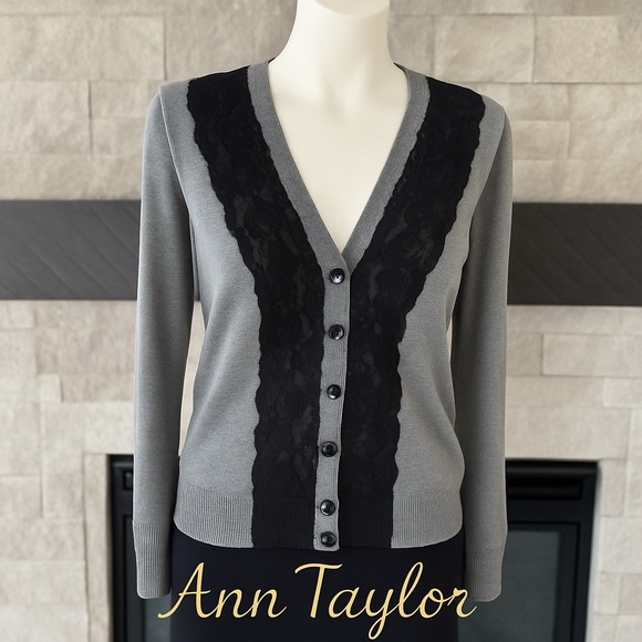 Ann Taylor Sweaters - Ann Taylor LOFT Gray Lace Cardigan Knot Medium Button Romantic Feminine Office